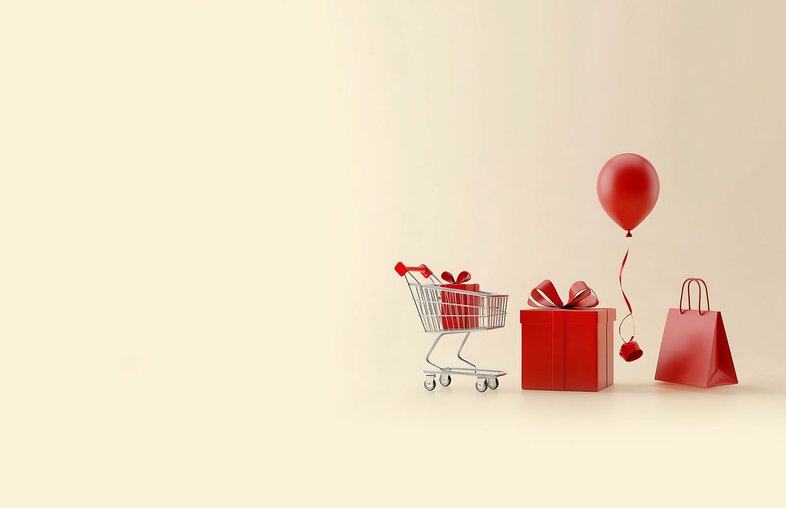A small shopping cart, gift box, red balloon and shopping bag